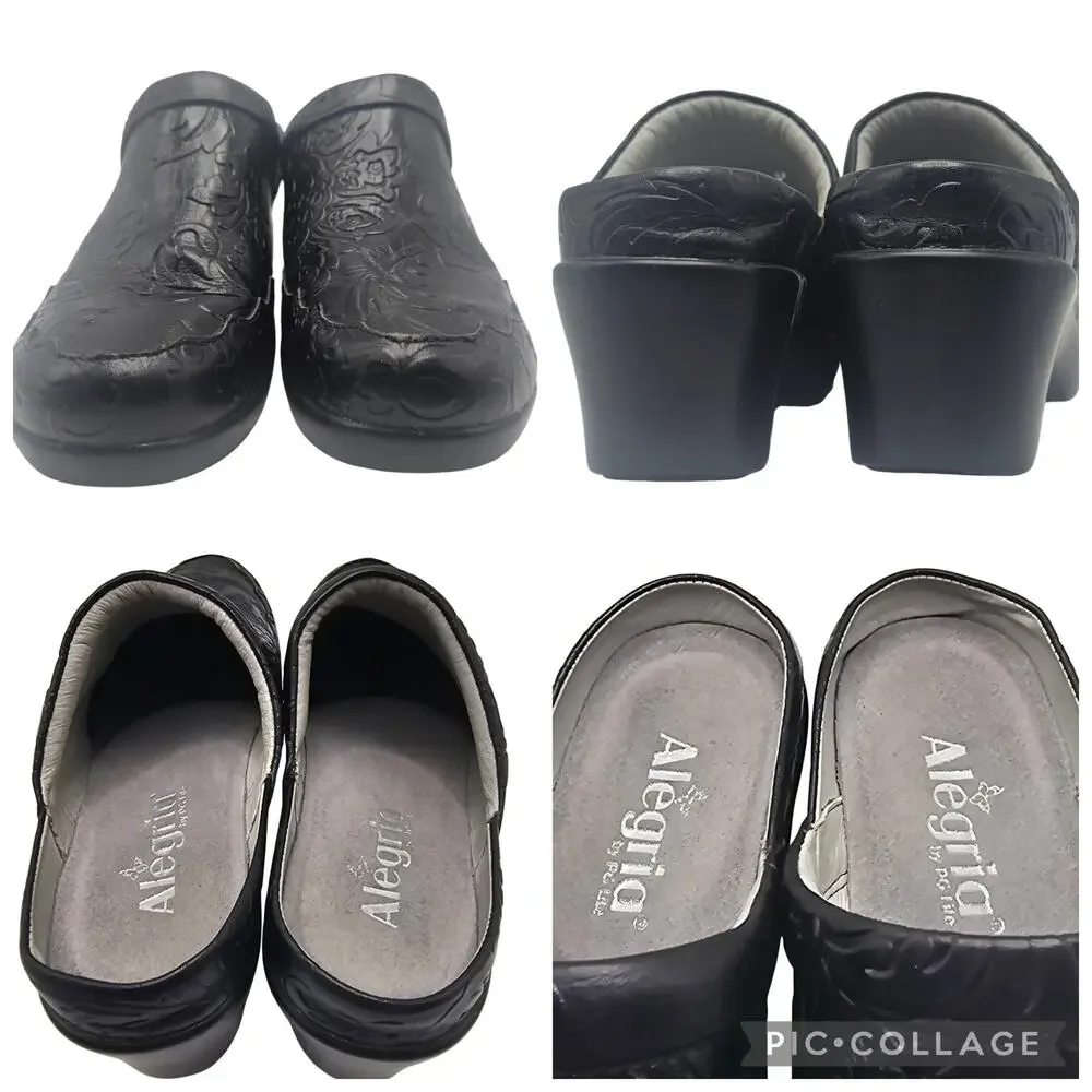 Alegria Isabelle Yeehaw Black Tooled Leather Western Style Clogs EU 39 / US 9